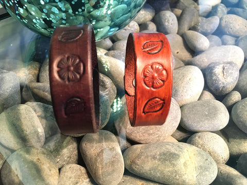 ~Leather Single Band Flower and Leaf Design~-Handmade Jewelry, Bracelet-KicKassie'sKreations-~KicKassie's Kreations~ Nature Inspired Jewelry Designs and Leather