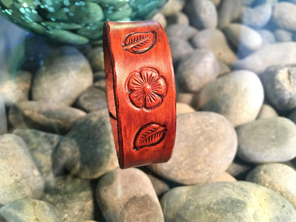 ~Leather Single Band Flower and Leaf Design~-Handmade Jewelry, Bracelet-KicKassie'sKreations-Standard Wrist Size 6-8 Inch-Brown-~KicKassie's Kreations~ Nature Inspired Jewelry Designs and Leather
