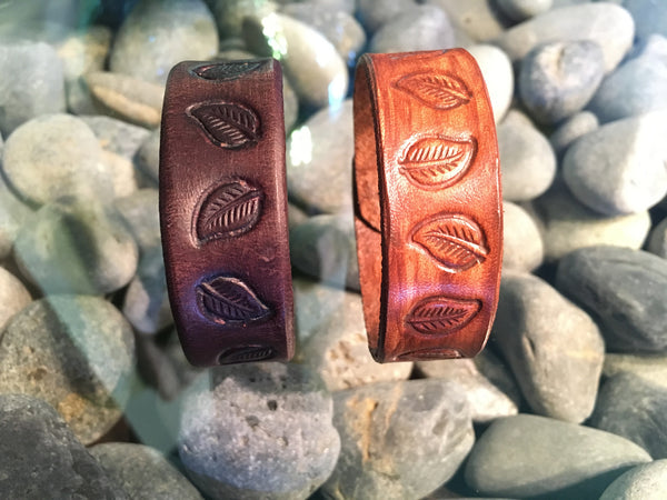 ~Leather Single Band Leaf Design~-Handmade Jewelry, Bracelet-KicKassie'sKreations-~KicKassie's Kreations~ Nature Inspired Jewelry Designs and Leather